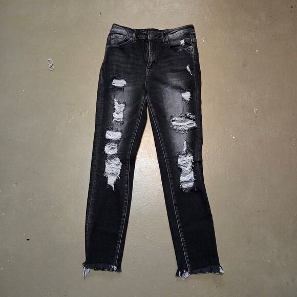 Risen High‎ Rise Distressed Skinny Fit Raw Hem Jeans in Black Women's Size 26/3 - Picture 1 of 5